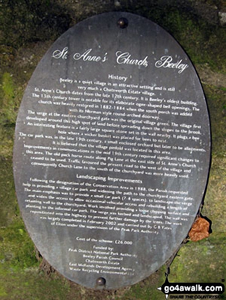 Walk d317 Beeley and Beeley Plantation from Calton Lees - Plaque detailing the history of St Anne's Church, Beeley