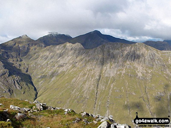 Walk h153 Stob Coire Raineach (Buachaille Etive Beag) and Buachaille Etive Beag (Stob Dubh) from the Pass of Glencoe - Stob Coire Sgreamhach (left) & Beinn Fhada (Stob Coire Sgreamhach) (in sunlight in the foreground) with Bidean nam Bian & Stob Coire nam Beith (in shadow behind) from the summit of Buachaille Etive Beag (Stob Dubh)