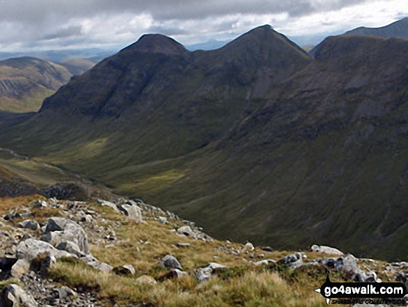 Walk h109 Stob Coire Raineach (Buachaille Etive Beag) and Buachaille Etive Beag (Stob Dubh) via Lairig Eilde from The Pass of Glencoe - Buachaille Etive Mor (Stob Dearg) (left), Stob na Doire (Buachaille Etive Mor) and Stob Coire Altruim (Buachaille Etive Mor) from the summit of Buachaille Etive Beag (Stob Dubh)