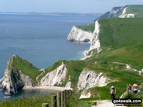 Walk do126 Ringstead Bay, Durdle Door and The Jurassic Coast from Lulworth Cove - Durdle Door (bottom left) and Bat's Head (centre) with Weymouth beyond from St Oswald's Bay, The South West Coast Path