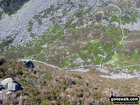 Looking down to Bwlch Drws-Ardudwy after the very steep section on the North Face of Rhinog Fach 