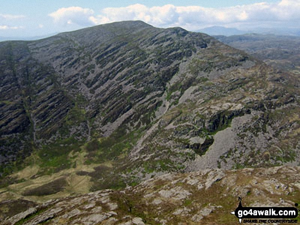 Walk gw159 Rhinog Fawr, Rhinog Fach, Y Llethr and Diffwys from Cwm Nantcol - Rhinog Fawr towers above Bwlch Drws-Ardudwy from the cairn on the North end of the Rhinog Fach ridge