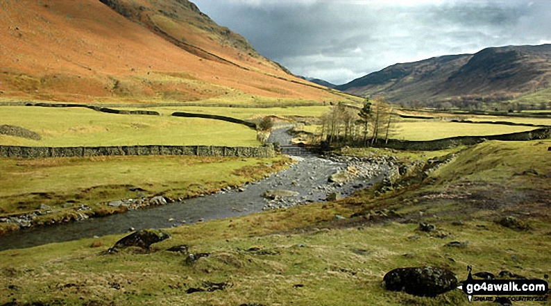 Walk c194 Scafell Pike from The Old Dungeon Ghyll, Great Langdale - Mickelden Beck flowing through Great Langdale with the lowers slopes of the Landale pikes (left) and Side Pike (right)