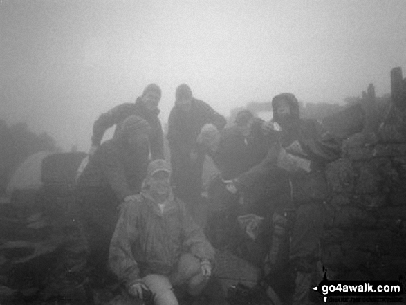 Walk h154 Ben Nevis and Carn Mor Dearg from The Nevis Range Mountain Gondola - Me (in shorts) and the rest of The 3 Peaks Team on Ben Nevis Summit