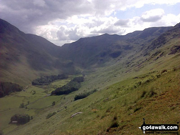 Walk c220 Helvellyn via Striding Edge from Glenridding - Looking up Grisedale to St Sunday Crag & Fairfield (left), Grisedale Hause, Dollywaggon Pike, High Crag (Helvellyn) & Nethermost Pike from below Hole-in-the-Wall