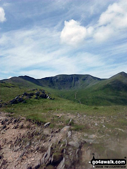 Walk c220 Helvellyn via Striding Edge from Glenridding - Striding Edge (left), Helvellyn and Catstye Cam from the summit of Birkhouse Moor