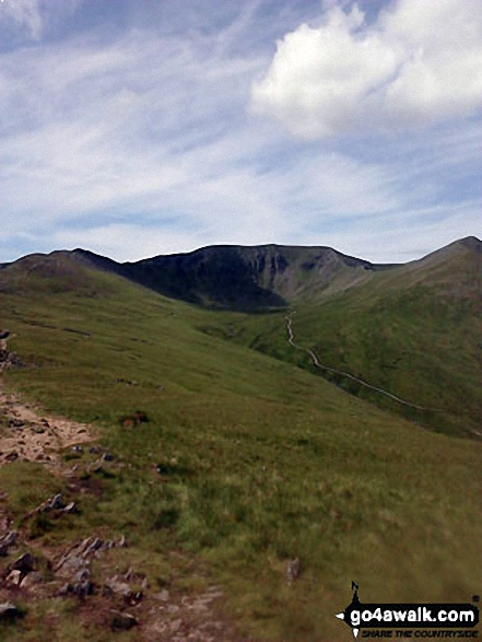 Walk c220 Helvellyn via Striding Edge from Glenridding - Striding Edge (left), Helvellyn and Catstye Cam from the Birkhouse Moor