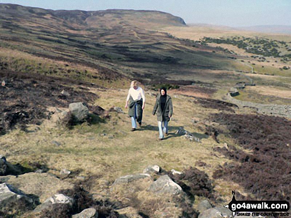 Walk du131 Cronkley Scar and High Force from Bowlees - Jakie and Emma trekking up Noon Hill (Cronkley Fell)