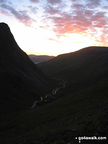 Walk c338 Great Gable and Kirk Fell from Honister Hause - The setting sun on Honister Pass