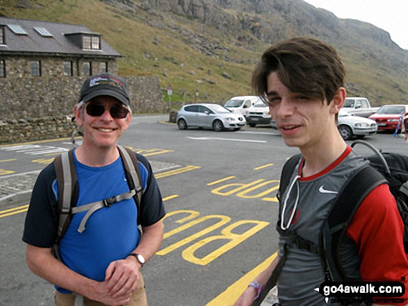 Walk gw136 The Snowdon (Yr Wyddfa) Horseshoe from Pen y Pass - Andy and Roman at Pen-y-Pass before our expedition up Mount Snowdon