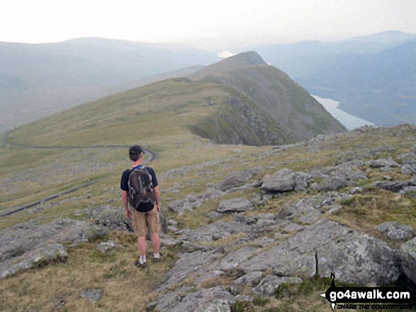 Walk gw140 Snowdon via The Rhyd-Ddu Path - Andy looking along the ridge towards Llanberis from Llechog (Llanberis Path) on the down from Snowdon (Yr Wyddfa)