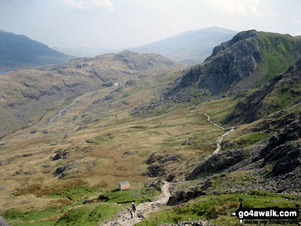 Walk gw154 Llyn Llydaw and Glaslyn via the PYG Track and Miners' Track from Pen y Pass - Looking back to Pen-y-Pass from the PYG Track up Mount Snowdon