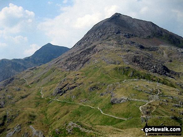 Walk gw134 Mount Snowdon (Yr Wyddfa) avoiding Crib Goch from Pen y Pass - Mount Snowdon (left in distance) and Crib Goch from Craig Fach