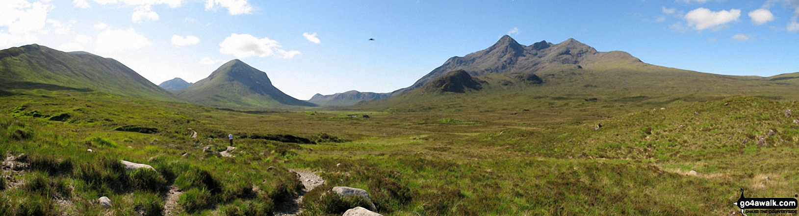 Beinn Dearg Mheadhonach (Skye) (left), Marsco (centre left) and Sgurr nan Gillean, Am Basteir and Bruach na Frithe (centre right) from Glen Sligachan near the Sligachan Hotel