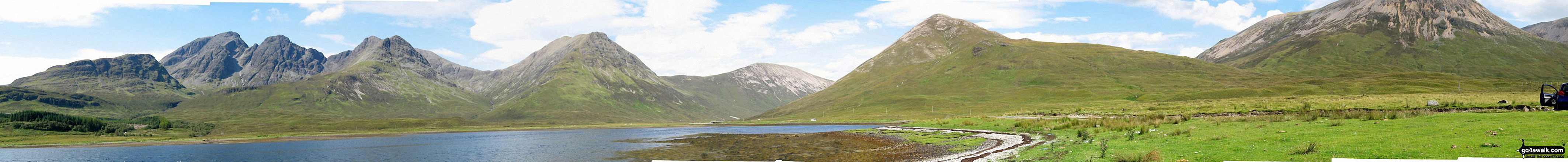 *Slat Bheinn, Bla Bheinn (Blaven) (South West Top), Bla Bheinn (Blaven), Garbh-bheinn (Skye), Belig (centre), Glas Bheinn Mhor (Skye), Beinn na Cro and Beinn Dearg from Loch Slapin near Torrin