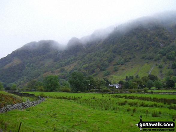 Walk c115 Langstrath Beck from Rosthwaite - The Stonethwaite Valley with Great Crag, White Crag and High Crag beyond from Greenup Gill on the lower slopes of Eagle Crag