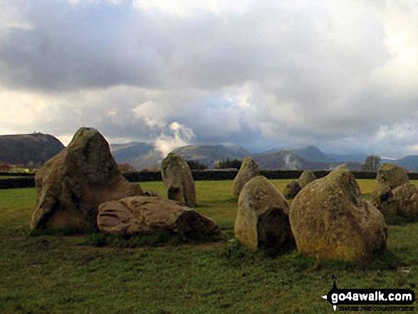 Walk c126 Castlerigg and Threlkeld from Keswick - Castlerigg Stone Circle with the shoulder of Walla Crag (left), Maiden Moor and Cat Bells (Catbells) in the background