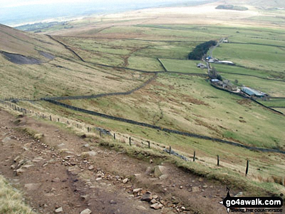 Walk l112 Pendle Hill via Boar Clough from Barley - The East face path up of Pendle Hill (Beacon or Big End) wih Pendle House below