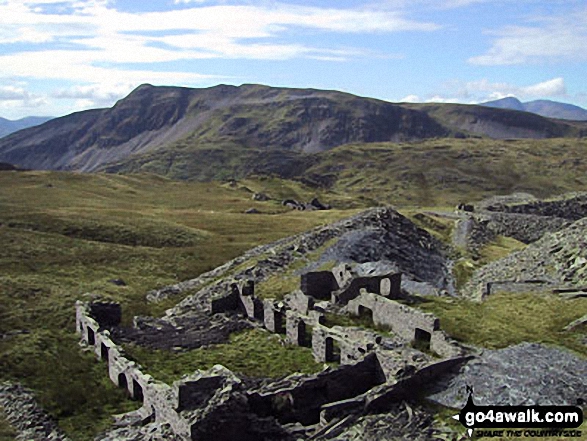 Walk gw200 Moel-yr-hydd, Moelwyn Mawr and Moelwyn Bach from Tanygrisiau - Rhosydd Quarry ruins with Cnicht (left) and Cnicht (North Top) beyond