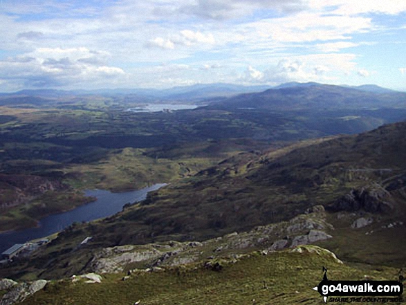 Walk gw224 Cnicht, Hafod-yr-Hydd and Moelwyn Mawr from Croesor - Tanygrisiau Reservoir (bottom left), Llyn Trawsfynydd and Moel Ysgyfarnogod (distance right) from the summit of Moel-yr-hydd