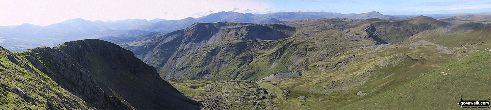 Walk gw288 Moel-yr-hydd, Moelwyn Mawr and Moelwyn Bach from Croesor - The north-west ridge of Molewyn Mawr (left) with Cnicht, Cnicht (North Top) and Ysgafell Wen (far right) across Cwm Croesor and Clogwyn Brith from the summit of Moelwyn Mawr