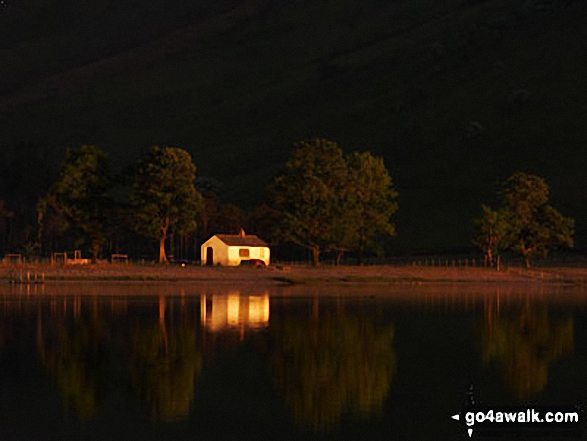 Walk c379 Rannerdale Knotts from Buttermere - Looking across Buttermere Lake to a Cottage below Hay Stacks (Haystacks) from Hassness