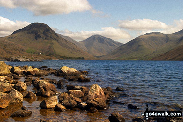 Walk c386 Yewbarrow from Wasdale Head, Wast Water - Kirk Fell (left), Great Gable (centre) and Lingmell from across Wast Water