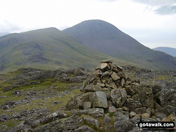 Walk c151 Great Gable, Kirk Fell and Hay Stacks from Honister Hause - Brandreth summit cairn with Gillercomb Head leading up to Green Gable with Great Gable looking majestic in the background 