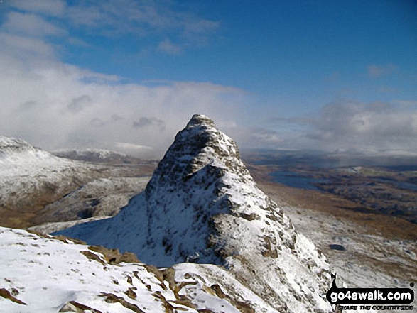 Snow on Meall Meadhonach (Suilven) from Bealach Mor below the higher Suilven summit Suilven (Caisteal Liath)