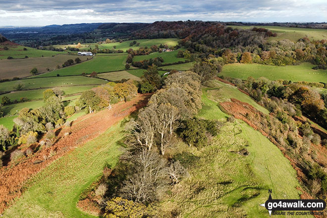 Walk gl144 Uley Bury, Cam Long Down and Downham Hill from Uley - The summit of Downham Hill (Smallpox Hill) from a drone flying overhead