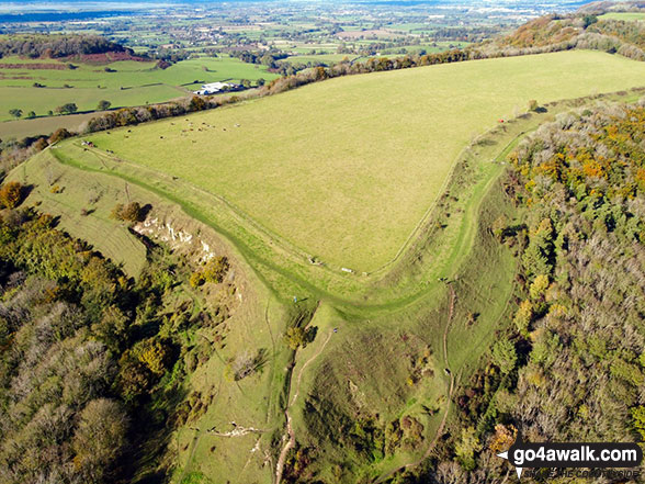 Walk gl144 Uley Bury, Cam Long Down and Downham Hill from Uley - The Iron Age Fort at Uley Bury from the air