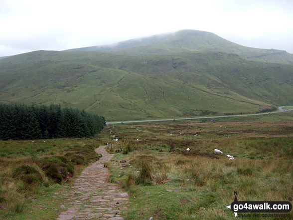 Walk po152 Allt Lwyd, Waun Rydd and Bryn from Talybont Reservoir - The A470 at Storey Arms with Fan Fawr beyond from Y Gyrn