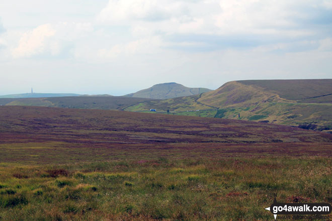 Walk ch252 Three Shires Head and Cheeks Hill from The Cat and Fiddle - Croker Hill (mast far left), Shutlingsloe (centre right) and Whetstone Edge (right) from Axe Edge (Axe Edge Moor)