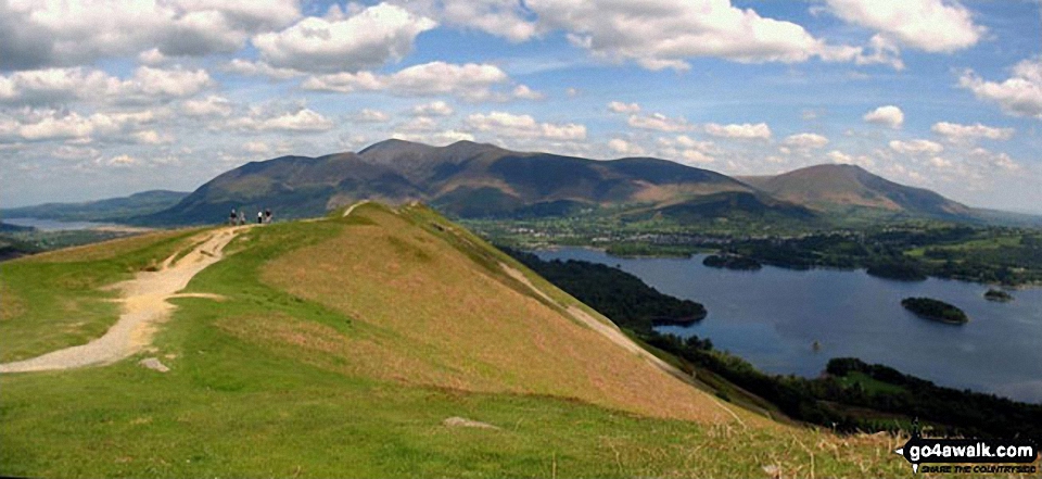 Walk c399 Cat Bells and Derwent Water from Keswick - Bassenthwaite Lake (far left), Skiddaw (left), Blencathra (or Saddleback) (right), Keswick and Derwent Water from Cat Bells (Catbells)