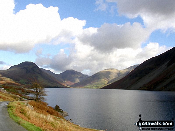 Yewbarrow (left), Kirk Fell (partially hidden), Great Gable (centre) Lingmell, Scafell Pike (partially hidden) and Illgill Head (right) from across Wast Water