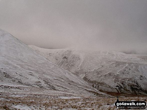 Walk c286 The Glenridding Skyline from Glenridding - Catstye Cam (shoulder left) and Raise (Helvellyn) above Keppel Cove from Red Tarn Beck in the snow