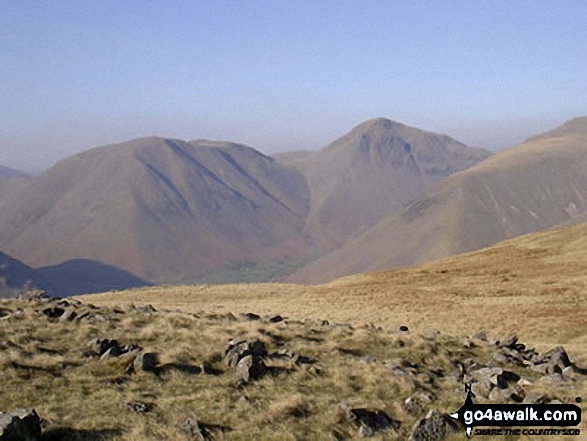 Walk c116 Illgill Head and Whin Rigg from Wasdale Head, Wast Water - Great Gable and Kirk Fell (left) from Illgill Head