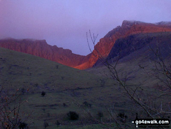 Walk c271 The Scafell Massif from Wasdale Head, Wast Water - The setting sun on Scafell Pike from Wasdale Head