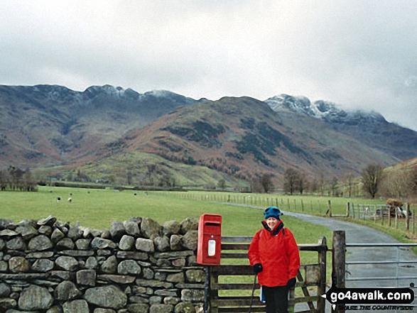 Walk c208 Harrison Stickle and High Raise from The New Dungeon Ghyll, Great Langdale - The Band (centre) with Crinkle Crags (left) and Bow Fell (Bowfell) (right) beyond from Great Langdale