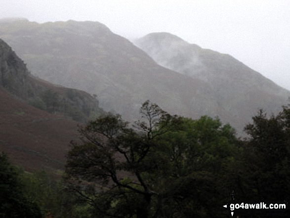 Walk c129 Crinkle Crags and Bow Fell from The Old Dungeon Ghyll, Great Langdale - The Band with two of The Langdale Pikes (Pike of Stickle and Loft Crag) beyond from Oxendale