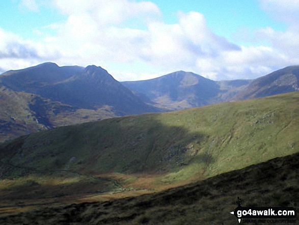 Walk cw109 Pen Llithrig y Wrach and Pen Yr Helgi Du from Capel Curig - Tryfan and The Glyderau (Glyderau) from Cwm Tal-y-Braich below Pen Llithrig y Wrach