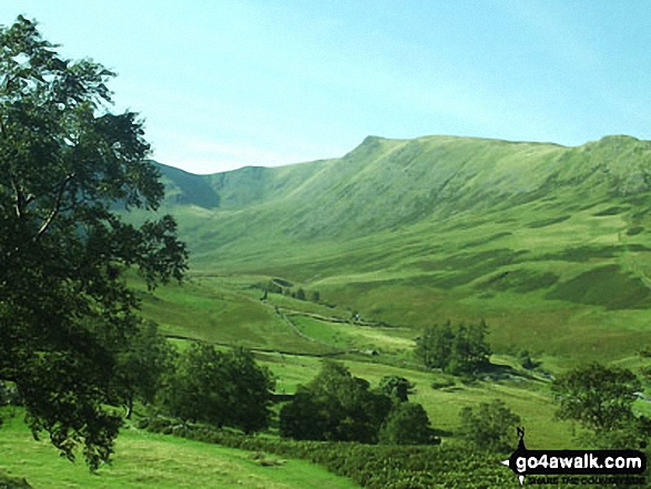 Walk c114 High Street from Mardale Head - High Street (behind the tree). Straits of Riggindale, Head of Riggindale Beck and Kidsty Pike from Haweswater Reservoir