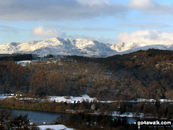 The Southern Fells across Windermere from the summit of Brant Fell in the snow