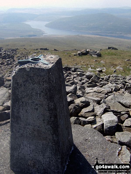 Pen Pumlumon Fawr (Plynlimon) summit trig point with Nant-y-moch Reservoir below 