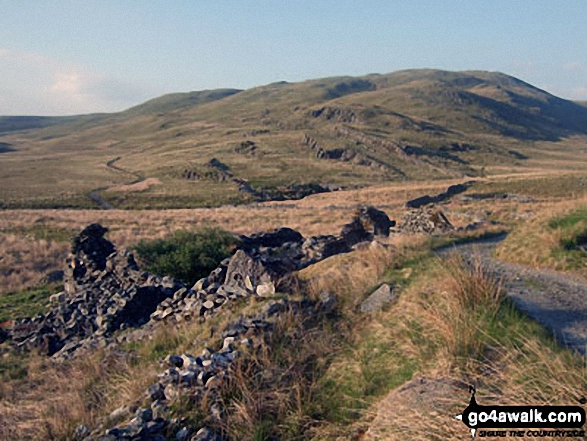 Walk ce100 Y Garn (Pumlumon), Pen Pumlumon Fawr (Plynlimon), Pen Pumlumon Llygad-bychan and Pen Pumlumon Arwystli from Nant-y-moch Reservoir - Ruin with Carn Hyddgen beyond from Afon Hengwm