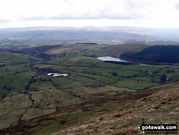 Walk l112 Pendle Hill via Boar Clough from Barley - Barley, Ing Ends and Ogden Reservoirs from the top Pendle Hill (Beacon or Big End)