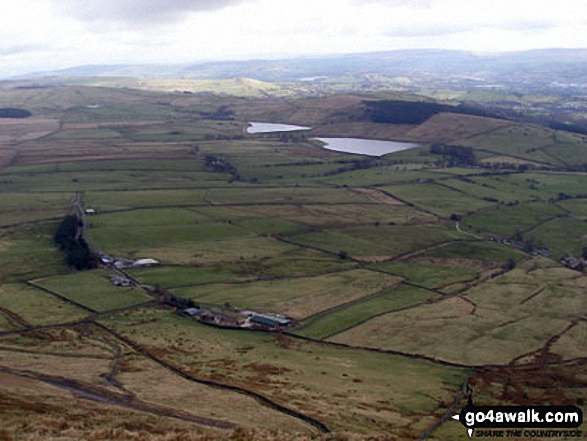 The Black Moss Reservoirs (Upper and Lower) and Pendle House from the top Pendle Hill (Beacon or Big End) 