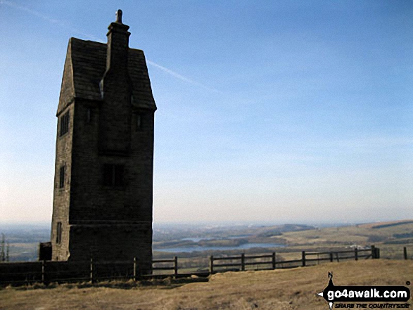 Walk l217 Lever Park, Winter Hill (Rivington Moor) and Rivington Pike from Rivington Lane - Pigeon Tower (Rivington Moor) with Rivington Reservoir in the distance