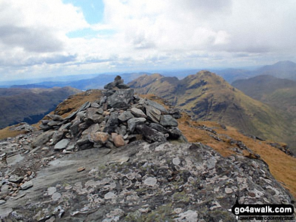 Beinn Tulaichean summit cairn with Stob a' Choin in the background