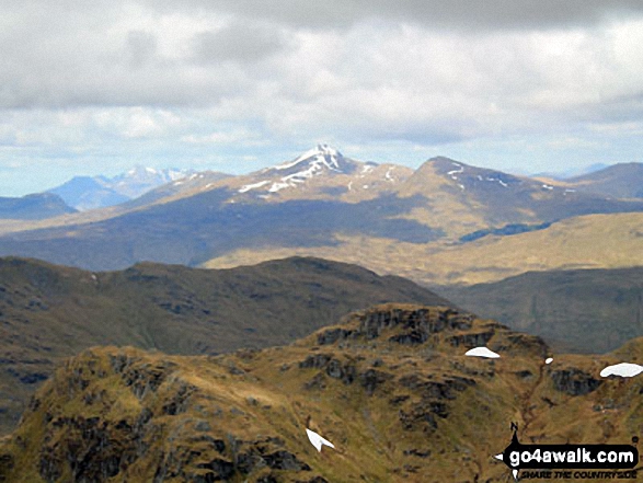 Beinn a' Chleibh, Ben Lui (Beinn Laoigh) (centre, with snow on it), Ben Oss and Beinn Dubhchraig from the summit of Beinn Tulaichean 